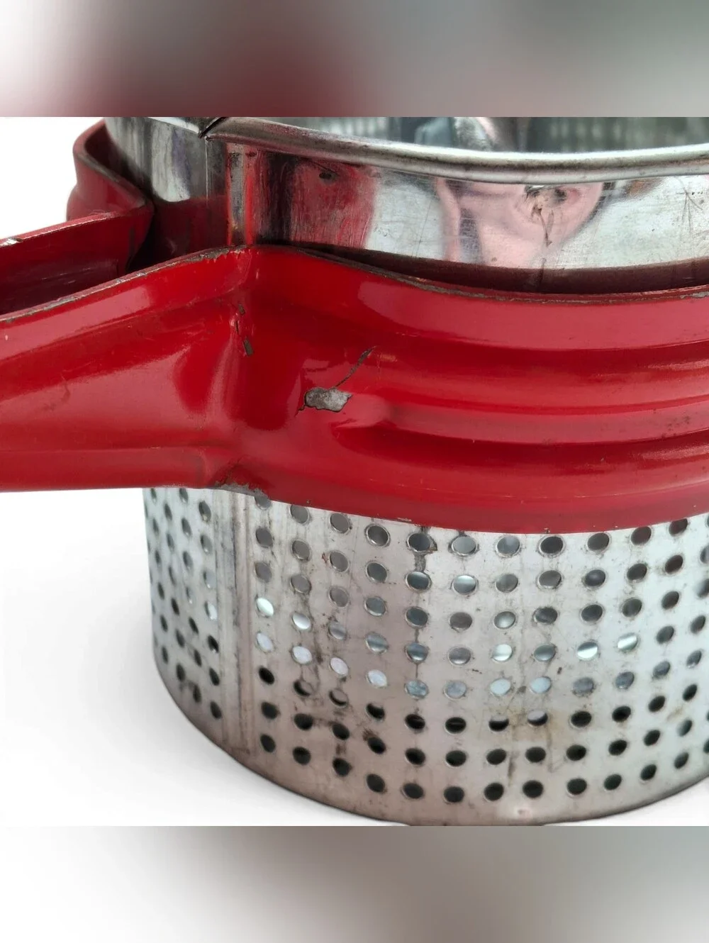 Mid Century Red Handled Metal Potato Ricer Farmhouse Kitchen Masher Strainer